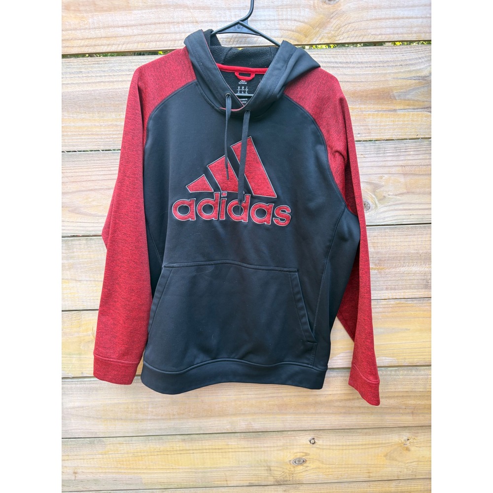 Adidas Climawarm Hoodie Mens XL Black Red Fleece Pullover Logo Sweatshirt